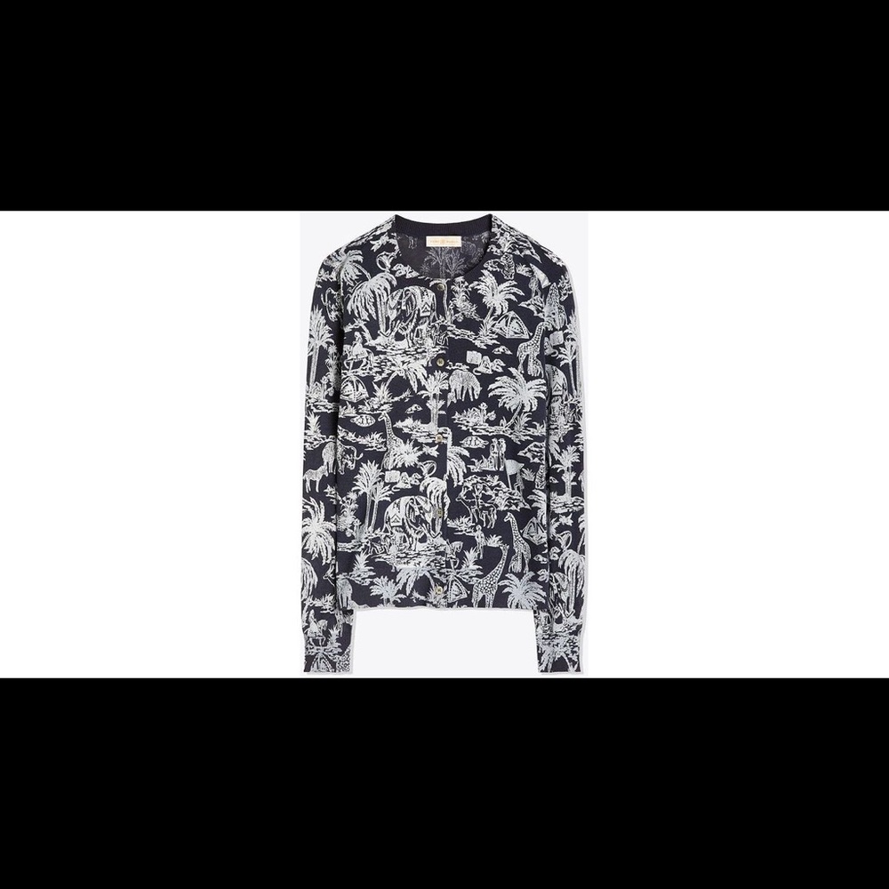Tory Burch Far and Away Printed Cardigan in Navy